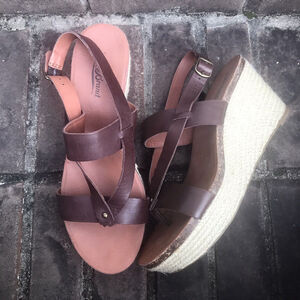 EUC Lucky Brand Moran Platform Wedges Tan Leather Strappy Ankle Boho | Size 7.5